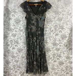 Vtg Charter Club 100% Silk Floral Midi Dress Sz 10 Muted Gray Dainty Coquette